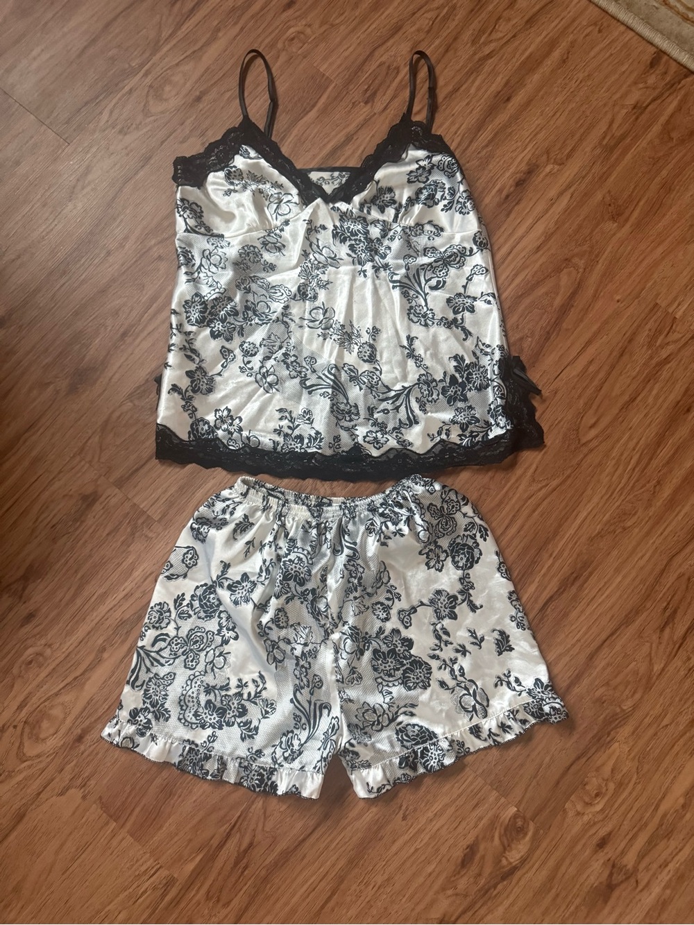 Black & White Floral Satin Cami Short PJ Set - Women Intimates